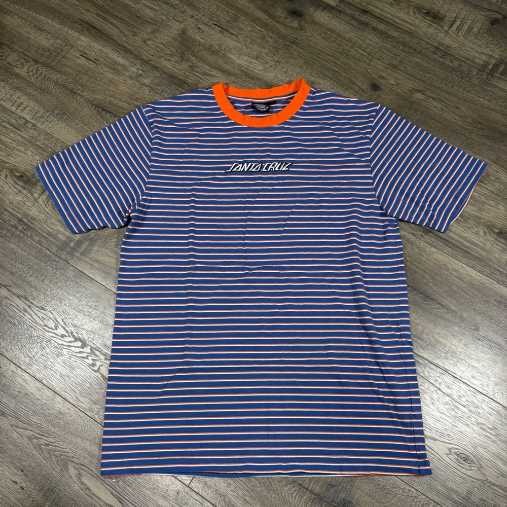 Santa Cruz Striped T-Shirt Mens Medium Blue Orange Embroidered Logo Skater Tee